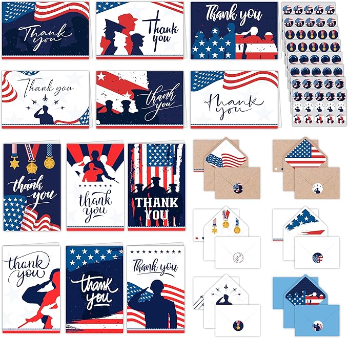 Decorably 120 Pack 6x4in Veterans Day Cards Bulk with Envelopes and Stickers, 12 Designs Military Thank You for Your Service Cards, Patriotic Thank You Cards Blank Inside