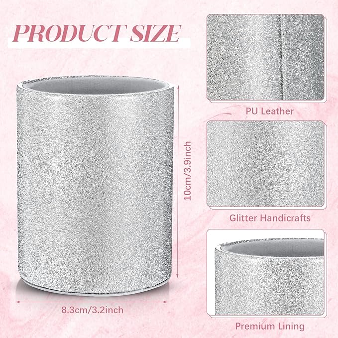 Sabary 8 Pcs Ballpoint Pens with Pen Holder for Desk Glitter Crystal Diamond Fancy Pencil Holder Bling Desk Organizer Cute Stationery Supplies for Women Girls Wedding Office School Gifts(Silver)