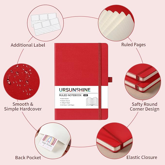 Ruled Notebook/Journal - Classic Lined Journal/Notebook, 5.3'' x 8.26'', Hardcover with Thick Paper, Banded + Pen Holder +Inner Pocket - Red