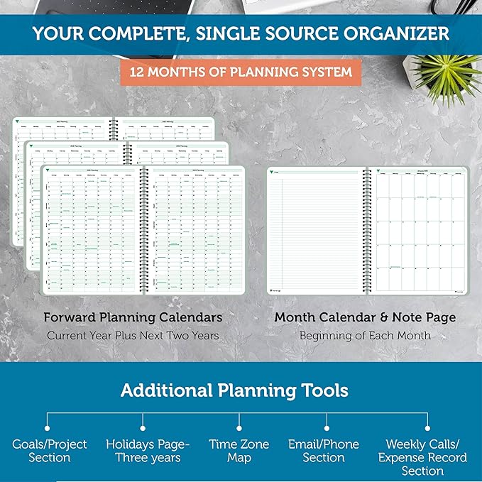 Planner Pad Spiral Bound January-December 2025/ Calendar Year 8 1/2" x 11" Large 3-Tier Funnel Down 12 Month Organizer, Greenish Grey Cover/Soft Green Ink