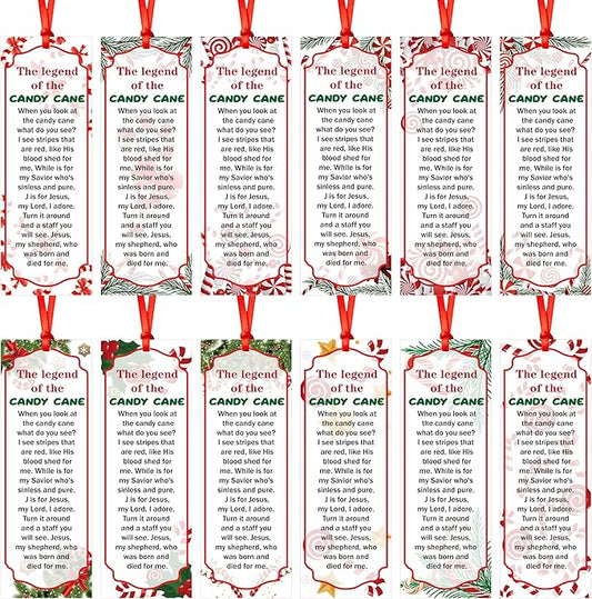 Haooryx 120pcs Christmas Theme Bookmarks, The Legend of The Candy Cane Bookmark with Red Ribbons, Candy Cane J is for Jesus Religious Bookmark Party Favor for Sunday School Supply Students Rewards