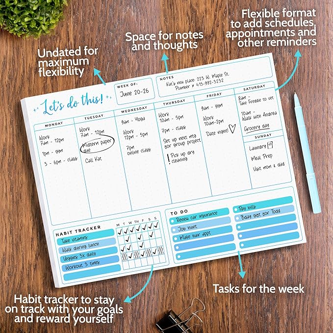 T Marie Weekly Planner Notepad - 52 8.5 x 11” Calendar Sheets Pad and Daily Habit Tracker With To Do List Scheduler - Appointment Calendar for Productivity to Reach Goals, Undated