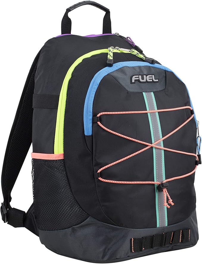 FUEL Hiking Backpack for Women Men Terra Sport, Travel, College, Gym, Work with Laptop Sleeve, Bungee, 18 Inches, Rainbow Black