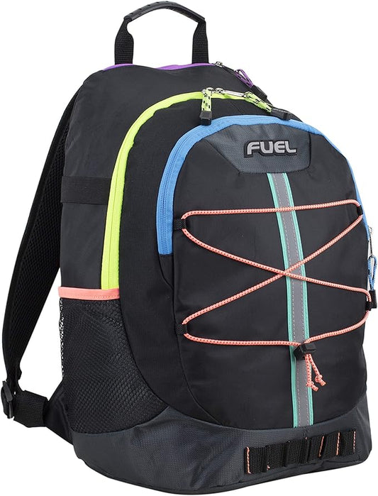 FUEL Hiking Backpack for Women Men Terra Sport, Travel, College, Gym, Work with Laptop Sleeve, Bungee, 18 Inches, Rainbow Black