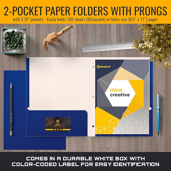 Better Office Products Blue Paper 2 Pocket Folders with Prongs, 50 Pack, Matte Texture, Letter Size Paper Folders, 50 Pack, with 3 Metal Prong Fastener Clips, Blue