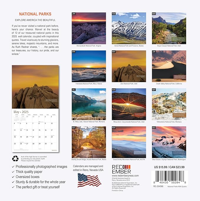 RED EMBER National Parks with Inspirational Quotes 2025 Wall Calendar 12 Month | 12" x 24" Open | Thick & Sturdy Paper | Giftable | Calendar 2025