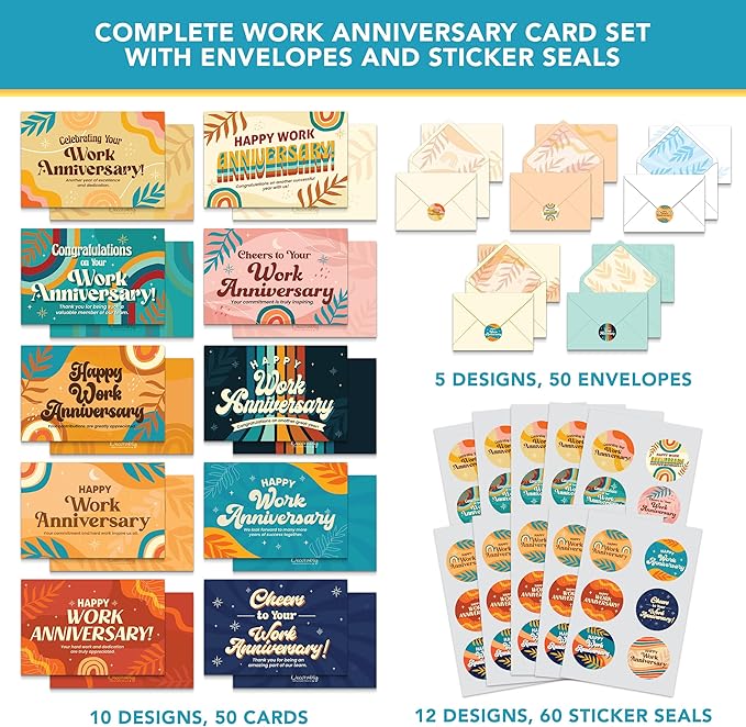Decorably 50 Pack 6x4in Happy Work Anniversary Cards with Envelopes and Stickers, 10 Retro Designs Work Anniversary Cards for Employees, Blank Inside
