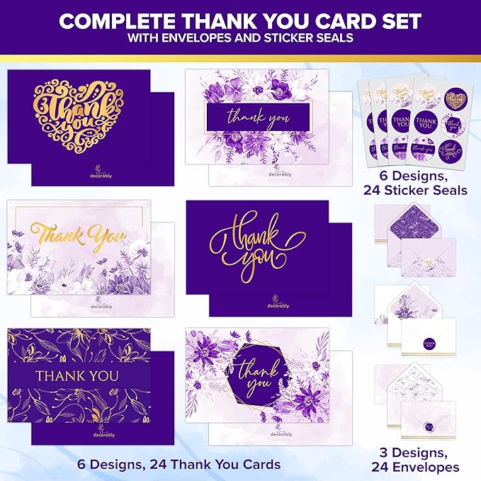 Decorably 24 Pack Gold-Foiled 6x4in Purple Thank You Cards with Envelopes and Stickers, 6 Elegant Designs Lavender Thank You Cards, Blank Inside - Wedding, Baby Shower