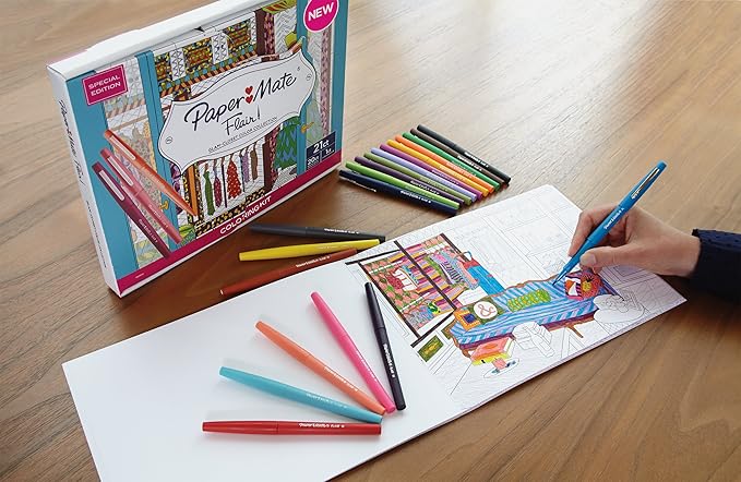 Paper Mate Flair Felt Tip Pens, Medium Point with Women’s Closet Adult Colouring Book - Assorted Colours, Count of 20