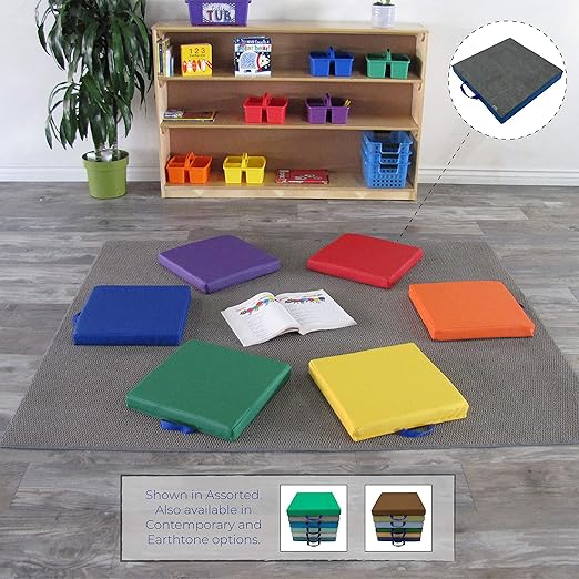 Factory Direct Partners SoftScape 15 inch Square Classroom Floor Cushions with Handles; Flexible Seating for Daycare, Preschool, Playroom; 2 inch Thick Deluxe Foam (6-Piece) - Earthtone, 12228-ET