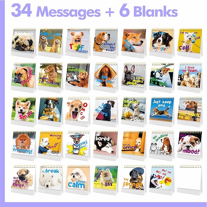 40 Pages Funny Desk Sign, 34 Different Fun and Flip-Over Messages plus 6 Erasable Blank Pages, Funny Desktop Flip Book for Office Gifts Desk Accessories (Dog Design)