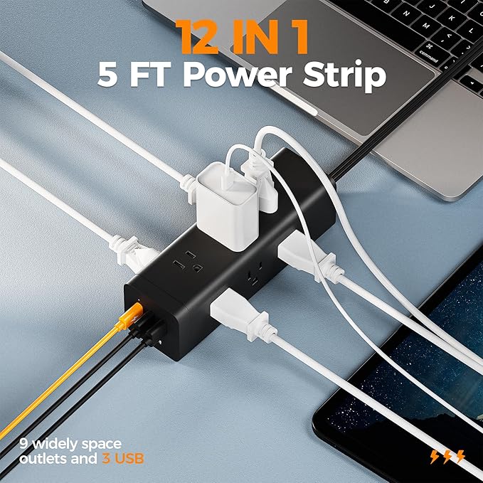 Surge Protector Power Strip, TESSAN 5 FT Extension Cord with Multiple Outlets Flat Plug, 9 Outlet Extender with 3 USB(1 USB C), 4-Sided Charging Station for Home Office Supplies Dorm Room Essentials