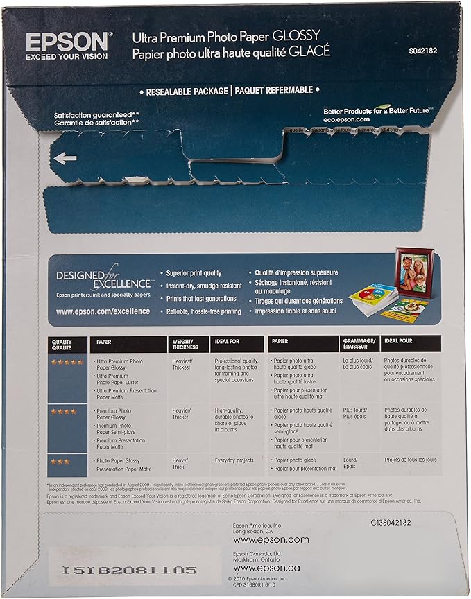 Epson Ultra Premium Photo Paper Glossy, Letter, 8.5 x 11, 25 Sheets (S042182), White