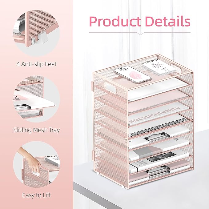 DALTACK 9-Tier Paper Letter Tray Desk Organizer with Handles, Mesh File Holder Organization, Paper Sorter Desk Organizer for Office Home School, Pink
