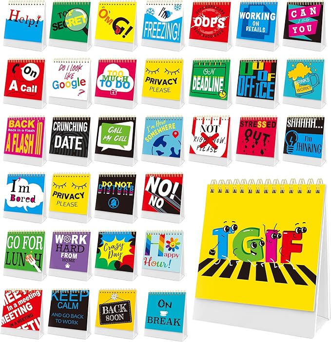 Gethelud 40 Pages Funny Desk Sign, Desktop Flip Book 34 Different Fun and Flip-Over Messages Plus 6 Pages Erasable Blank Cards for Office Gifts Desk Accessories
