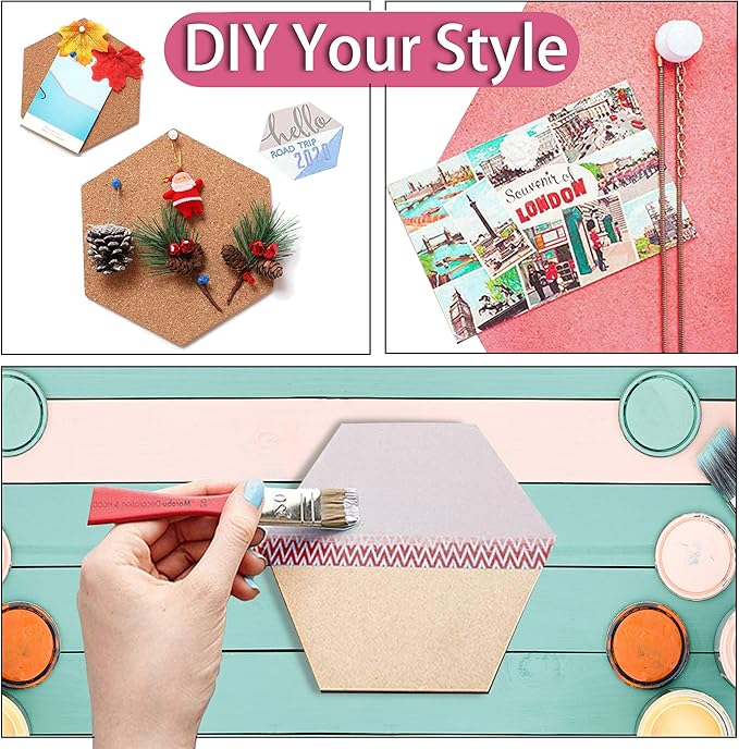 SUNGIFT Hexagon Cork Board Tiles Self Adhesive 6 Pack - 1/2" Thick Corkboards for Wall 12" x 10.2" Memo Boards Pin Board Decorative Bulletin Board for Office Home Kitchen - 50 Multi-Color Push Pins