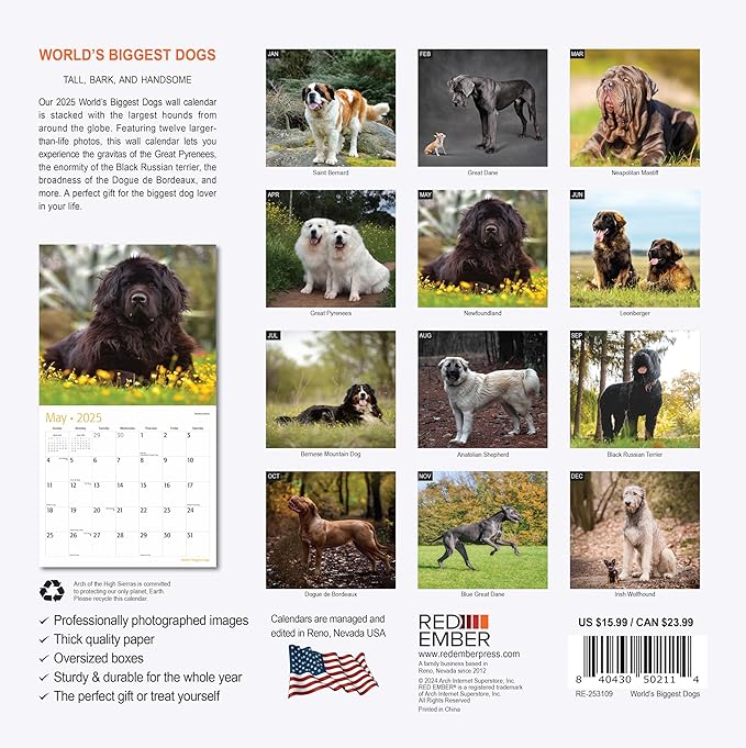 RED EMBER World's Biggest Dogs 2025 Wall Calendar 12 Month | 12" x 24" Open | Thick & Sturdy Paper | Giftable | Calendar 2025