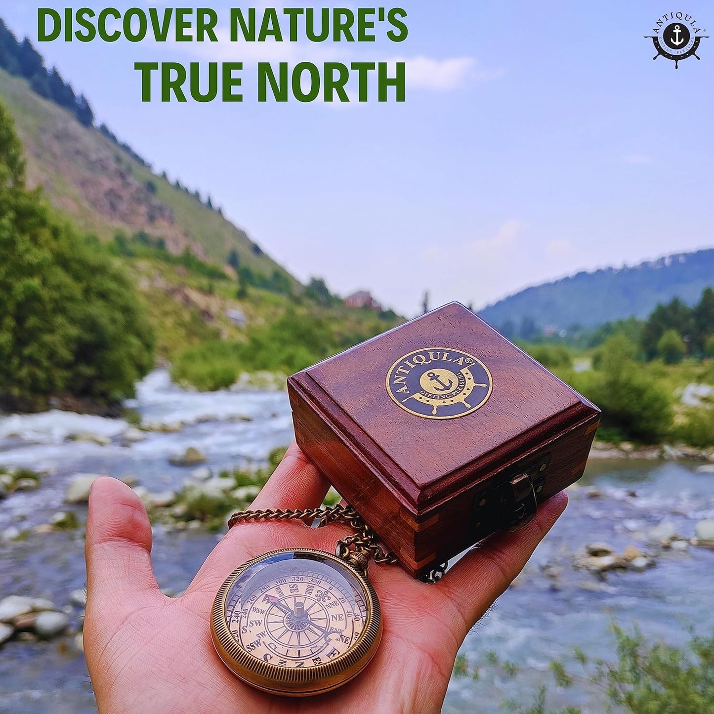 Brass Compass with Wooden Box - Graduation Gifts, Pirate Accessories & Baptism Gift For Boys, Steampunk Travel Decor Compasses For Missionary, Inspirational and Sentimental Compass