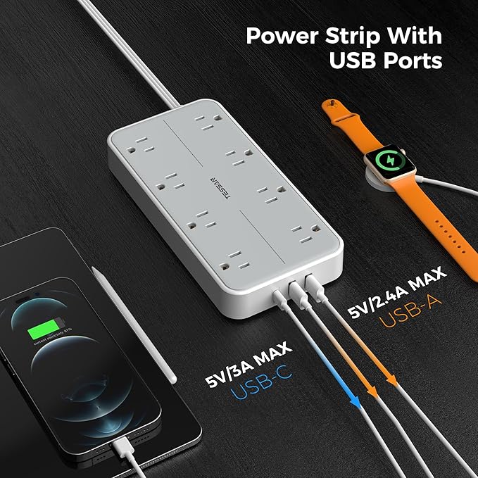 Power Strip Surge Protector 10 FT, TESSAN Flat Plug Extension Cord with 8 Outlets 3 USB Ports(1 USB C), 1080Joules Wall Mountable Multi Port Charging Station for Home Office Dorm Room Essentials