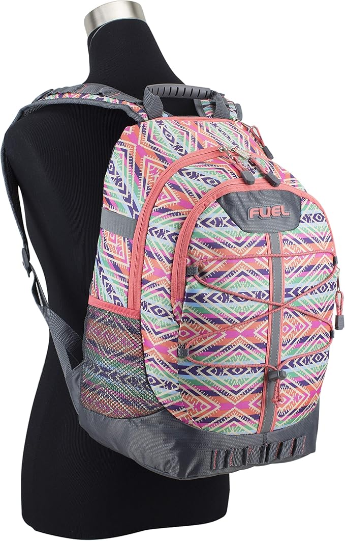 FUEL Hiking Backpack for Women Men Terra Sport, Travel, College, Gym, Work with Laptop Sleeve, Bungee, 18 Inches, Sweet Orange Aztec