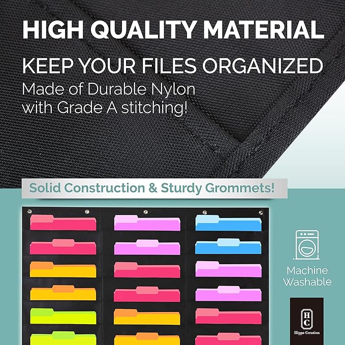 Black Pocket Chart for Classroom - 30 Pocket Storage Rainbow Pocket Charts , 5 Over Door Hangers Included, Hanging Wall File Organizer for File Folders, School Mailbox, Home/Office Papers