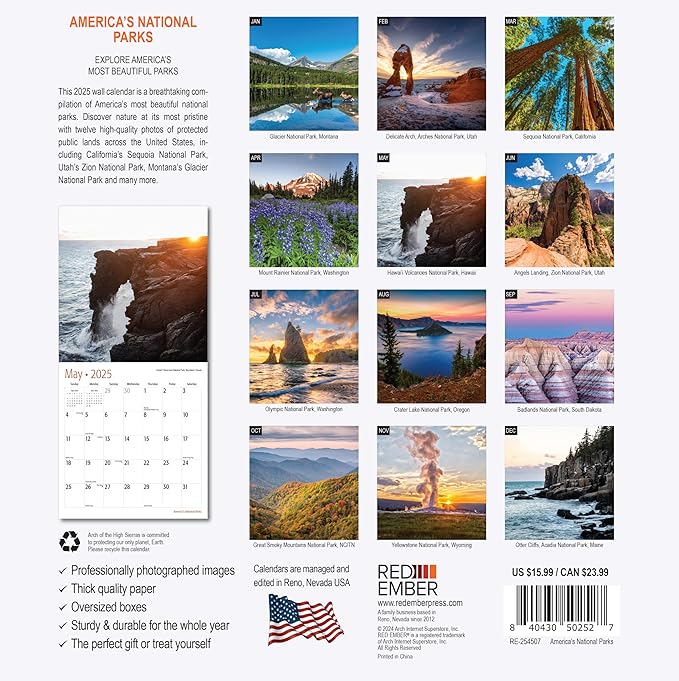 RED EMBER America's National Parks 2025 Wall Calendar 12 Month | 12" x 24" Open | Thick & Sturdy Paper | Giftable | Calendar 2025