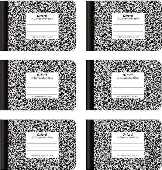 Oxford Jr. Composition Notebooks, School Supplies, Notebooks for School, Half Size, 4-7/8 x 7-1/2 Inches, Wide Ruled Paper, 80 Sheets, Kids Journal, Black Marble Covers, 6 Pack (63773)