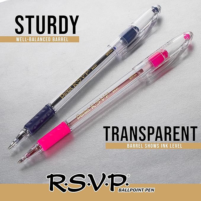 Pentel® R.S.V.P.® Ballpoint Pens, Fine Point, 0.7 mm, Clear Barrel, Black Ink, Pack Of 12