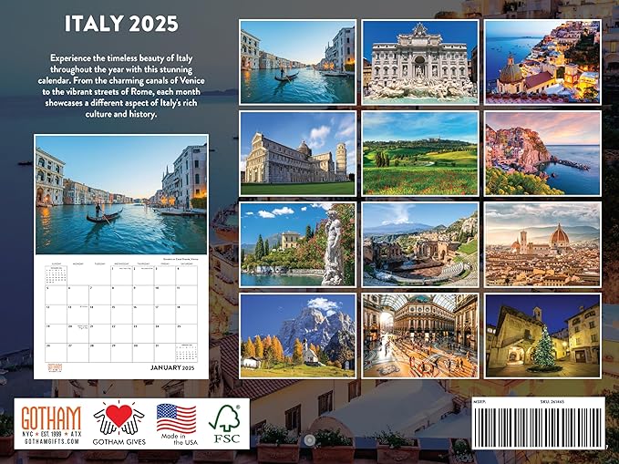 Italy Calendar 2025 Italian Scenic Travel Pictures Monthly Wall Calender 12 Month | American Made In The USA