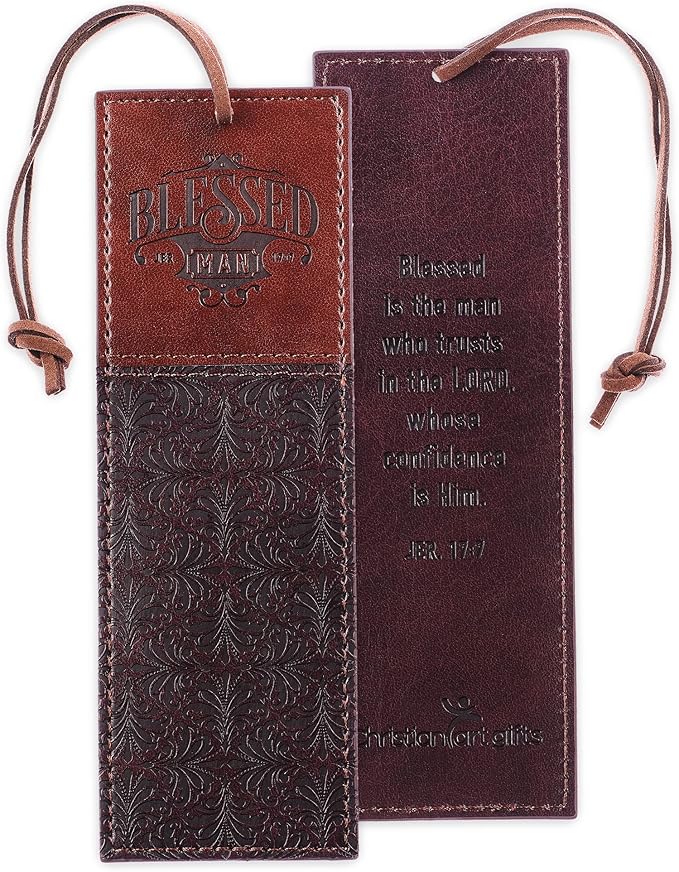 Christian Art Gifts Faux Leather Bookmark Blessed Man Jeremiah 17:7 w/Corded Tassel, Brown