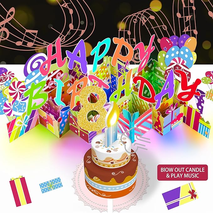 Gumry 8TH Musical Birthday PopUp Card, Blowable Colorful Light Candle 3D Cards with Song, Applause Cheers Sound, Greeting Cards Birthday Gifts Decorations for Daughter Son Turning 8 Years Old