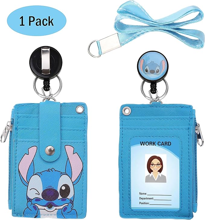 Cute ID Badge Holder Retractable Lanyard Reel Clip with Heavy Duty Carabiner, 5 Card Slots in 2 Sided with Key Ring and Zipper for Women Students Teens Girls Office Staff