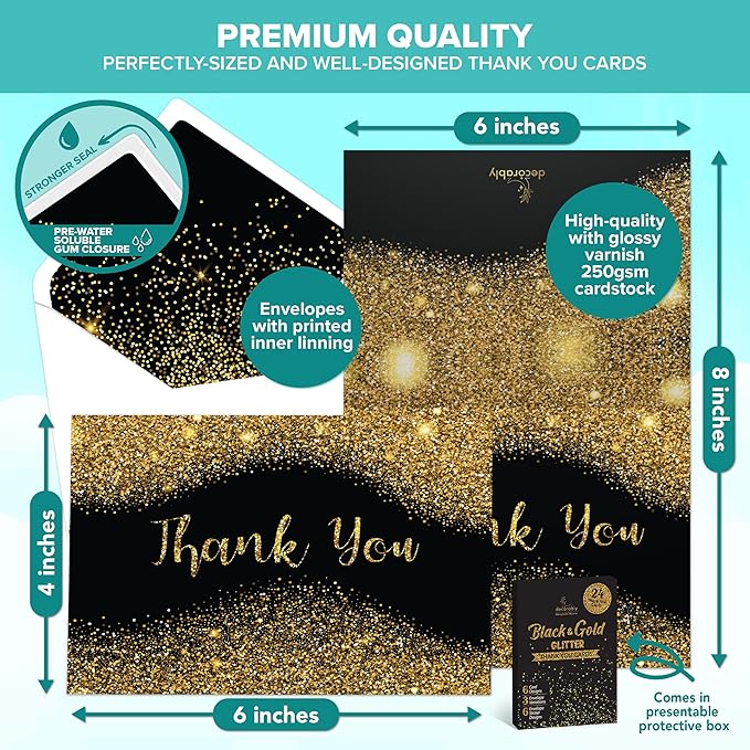 Decorably 24 Pack Glittery 6x4in Black and Gold Thank You Cards with Envelopes and Stickers, 6 Elegant Designs Black Thank You Cards, Blank Inside - Birthday, Wedding, Anniversary