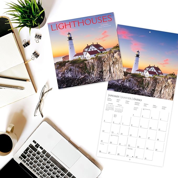 Graphique 2025 Lighthouses Wall Calendar | 12” x 12” | Thick Paper | Home & Office Organizer | Large Monthly Grid | 3 Languages & Marked Holidays | 4 Month Preview Page for 2026