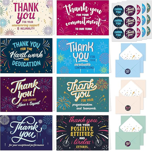 Decorably 24 Pack 6x4in Employee Appreciation Cards with Envelopes and Stickers, 8 Festive Designs Employee Thank You Cards, Blank Inside - Recognition, Promotion, Work Anniversary