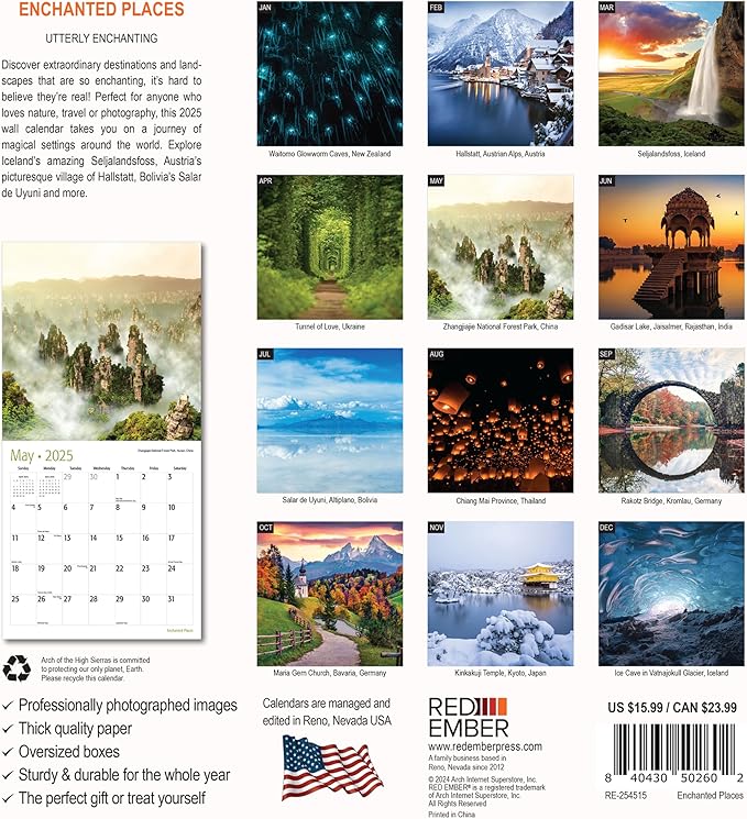 RED EMBER Enchanted Places 2025 Wall Calendar 12 Month | 12" x 24" Open | Thick & Sturdy Paper | Giftable | Calendar 2025