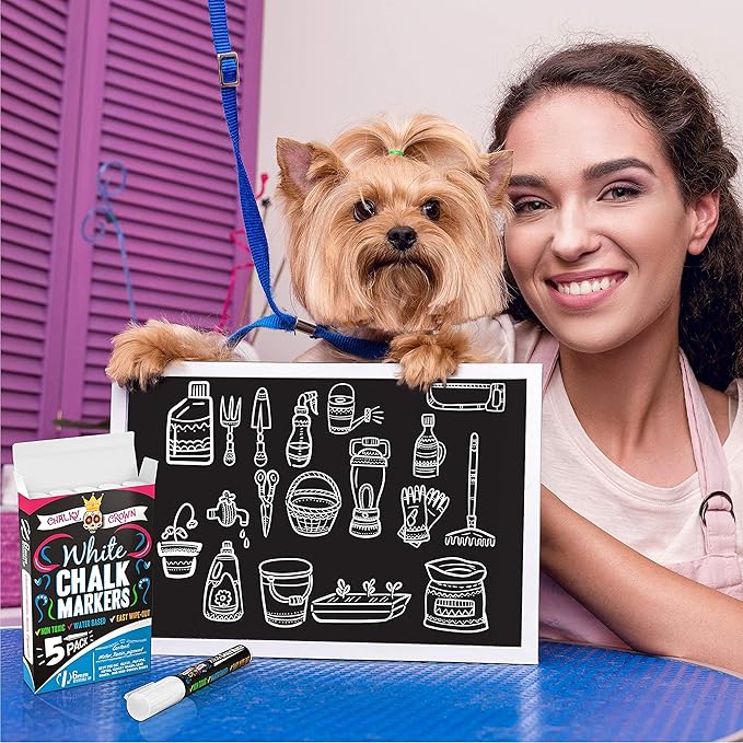 CHALKY CROWN Liquid Chalk Marker Pen - White Drawing Chalk - Chalkboard Markers for Chalkboard Signs, Windows, Blackboard, Glass - 6mm Reversible Tip (5 Pack)