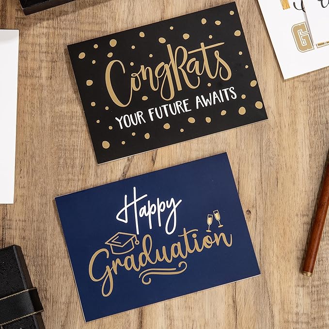Paper Play Gold Foil Graduation Cards Assortment Bulk Pack of 20 Congratulations Graduation Card 2024-5x7 Inch with Matching Stickers & Kraft Envelopes, Graduation Cards Bulk College & High School