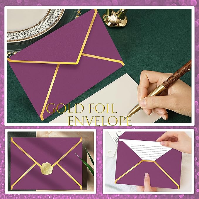 60 Pack Gold Envelopes 5x7 Bulk Wine, 250G Pearled Cardstock A7 Envelopes for Invitations Business Mailing Envelope with Gold Foil Border, A6 4x6 Envelopes for Wedding Baby Shower Cards