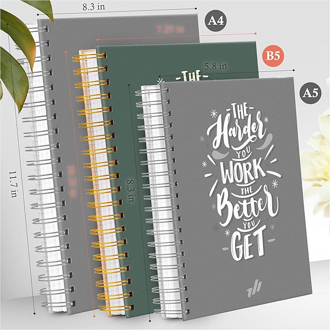Spiral Notebook - 10.25" x 7.25" Spiral Journal Notebooks College Rule, Cute Notebook Journal for Note Taking Women Writing School, Notebooks for Work, 100 GSM, 300 Pages (Work Hard)