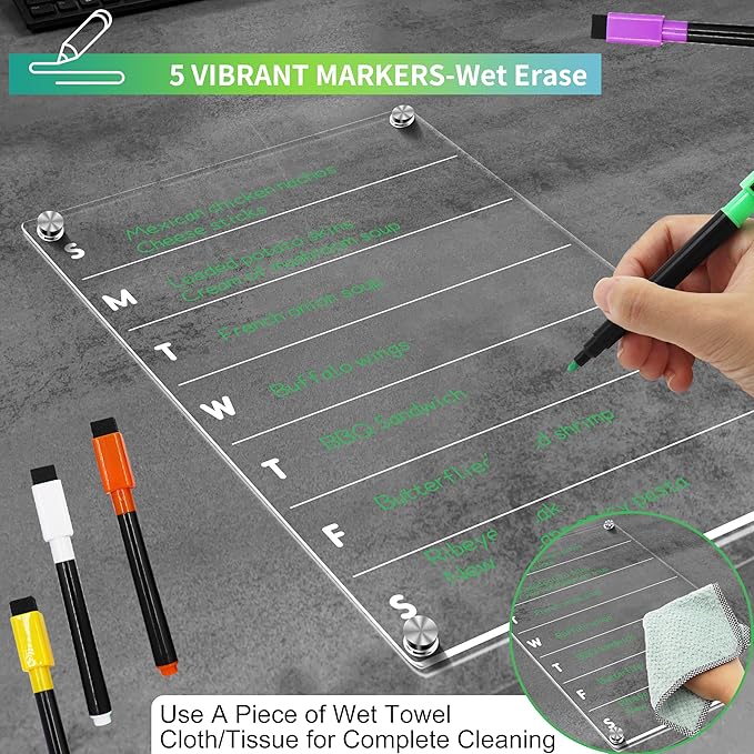 Acrylic Magnetic Meal Planner for Refrigerator Magnetic Menu Board for Kitchen Fridge Clear Weekly Calendar Planning Board Noteboard Acrylic Dry Erase Board to Do/Grocery/Shopping List 12"X8"