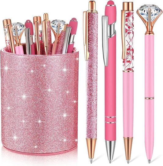 Sabary 8 Pcs Ballpoint Pens with Pen Holder for Desk Glitter Crystal Diamond Fancy Pencil Holder Bling Desk Organizer Cute Office Supplies for Women Girls Valentines Birthday Gifts(Pink)