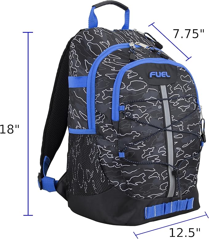 FUEL Hiking Backpack for Women Men Terra Sport, Travel, College, Gym, Work with Laptop Sleeve, Bungee, 18 Inches, Blue Camo