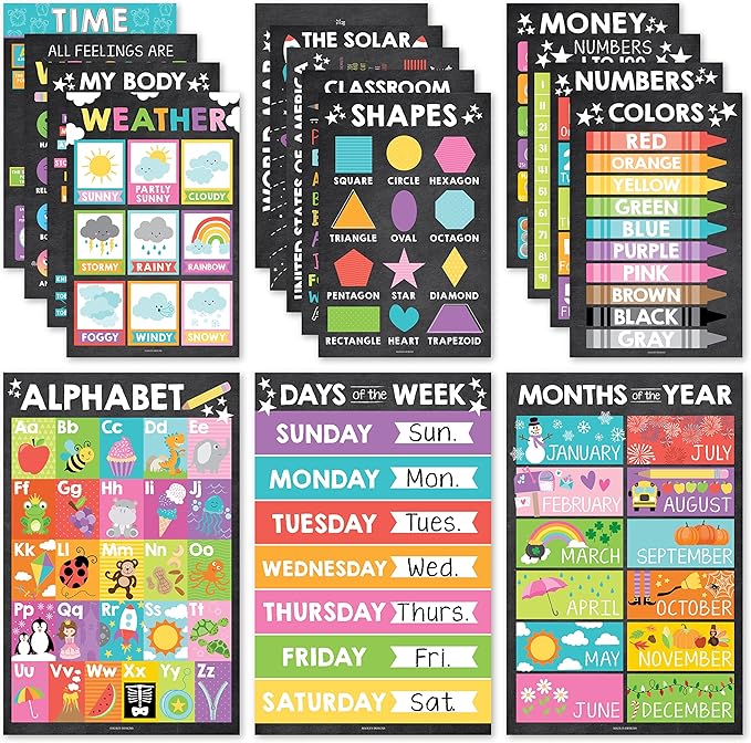 Hadley Designs 16 Educational Posters for Classroom & Kindergarten, Kindergarten Classroom Must Haves, Laminated PreK Learning Chart Materials US & World Map, ABC Alphabet, Shapes, Days of the Week