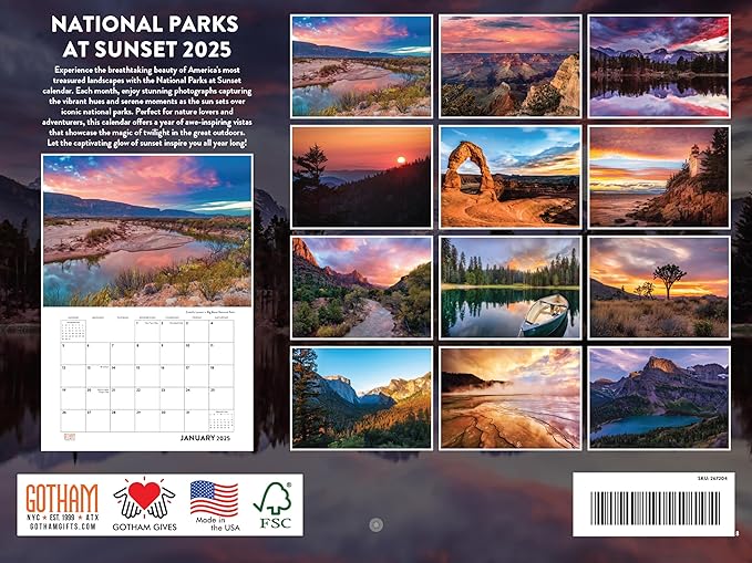 National Park Calendar 2025 Parks At Sunset Monthly Wall Calender Nature 12 Month | American Made In The USA
