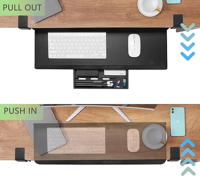 ETHU Keyboard Tray Under Desk, 26.8" x 12.2" Pull Out Steel Smooth Glide Sliding Keyboard Drawer, C Clamp Computer Keyboard Stand Ergonomic Desk Extender Tray for Home Office(Carbon)