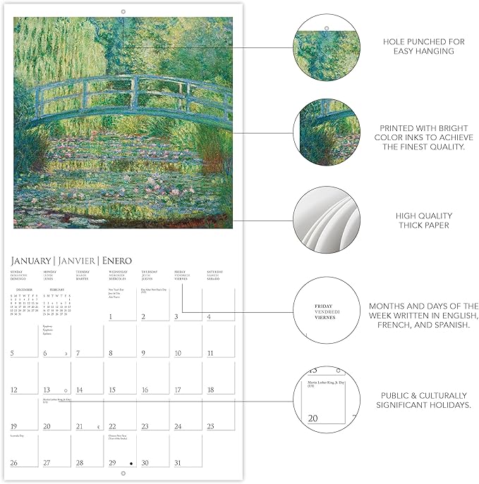 Graphique 2025 Monet Wall Calendar | 12” x 12” | Thick Paper | Home & Office Organizer | Large Monthly Grid | 3 Languages & Marked Holidays | 4 Month Preview Page for 2026