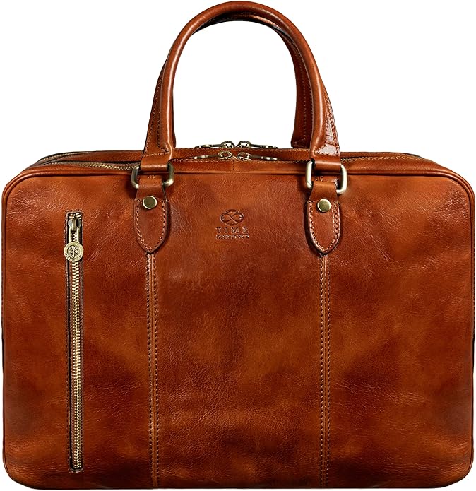 Time Resistance Leather Laptop Briefcase - Full Grain Leather Computer Bag for Men and Women