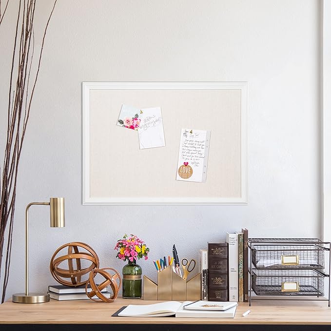 U Brands Farmhouse Linen Bulletin Board, 23"x17", White Wood Style Frame, Industrial Grade Pinning Surface