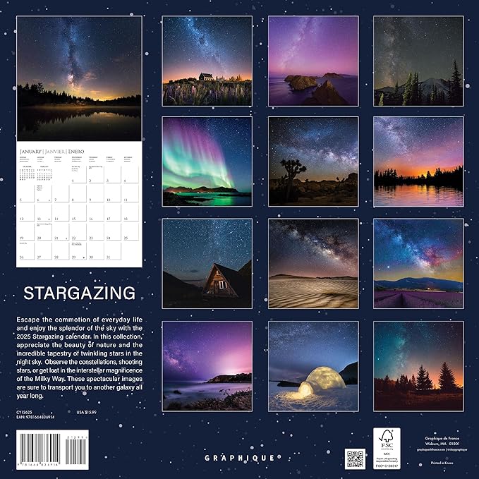 Graphique 2025 Stargazing Wall Calendar | 12” x 12” | Thick Paper | Home & Office Organizer | Large Monthly Grid | 3 Languages & Marked Holidays | 4 Month Preview Page for 2026